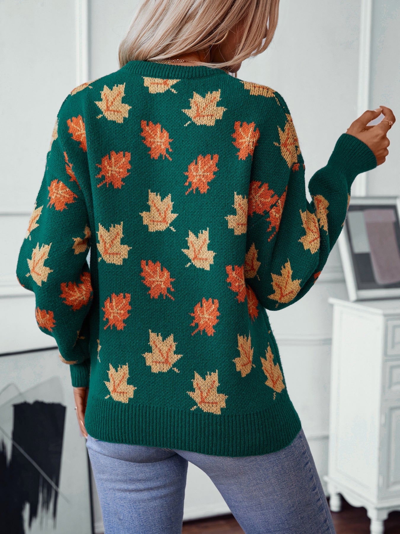 Dark Green Sweater with Maple Leaf Pattern · Autumn Vibes Loose Knit Pullover