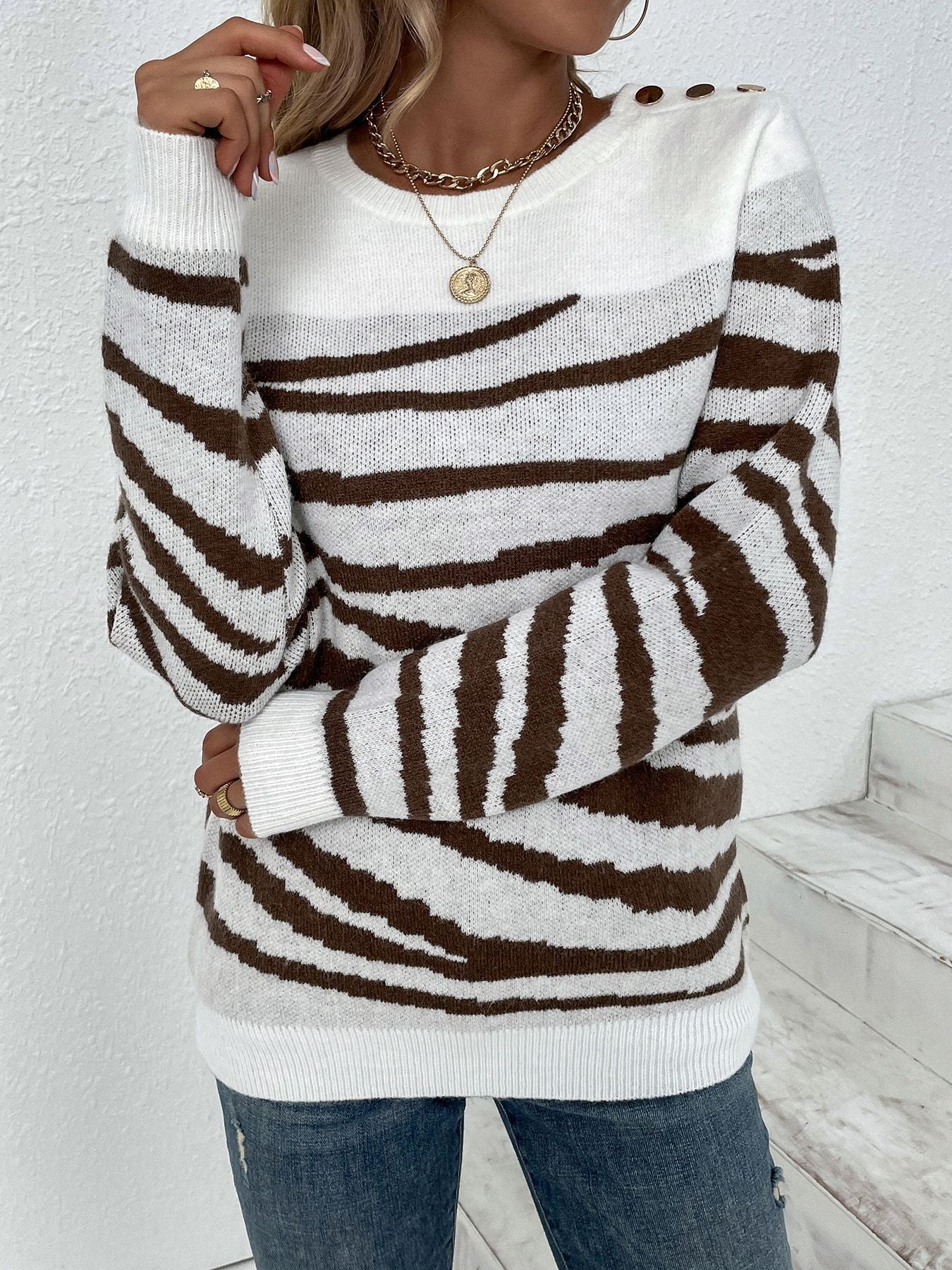 Brown and White Zebra Print Knit Sweater · Stylish Casual Long Sleeve Pullover