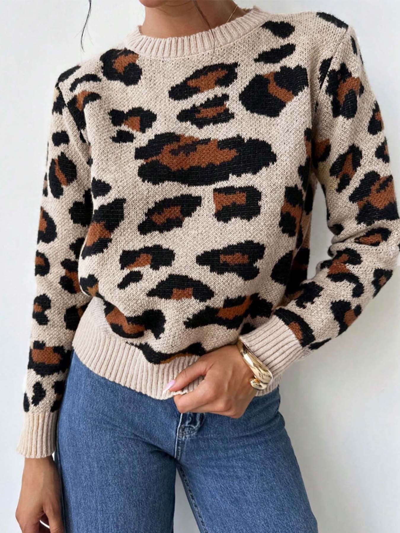 Women’s Animal Print Knit Sweater Long Sleeve Crew Neck Pullover Warm Stylish Knitwear (S-XL)