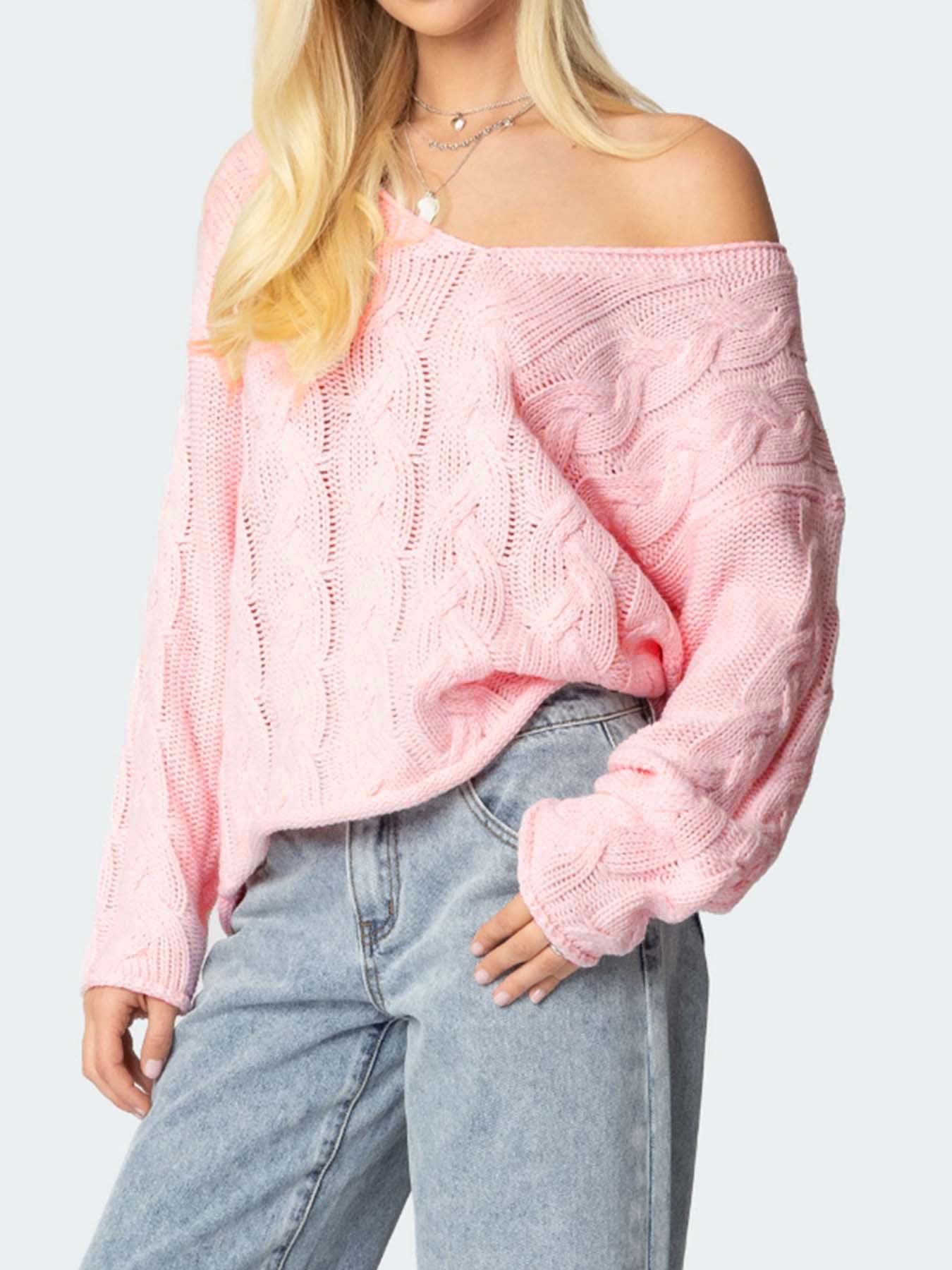 Pink Loose Cable Knit Sweater V-Neck Drop Shoulder Long Sleeve Pullover (S-XL)