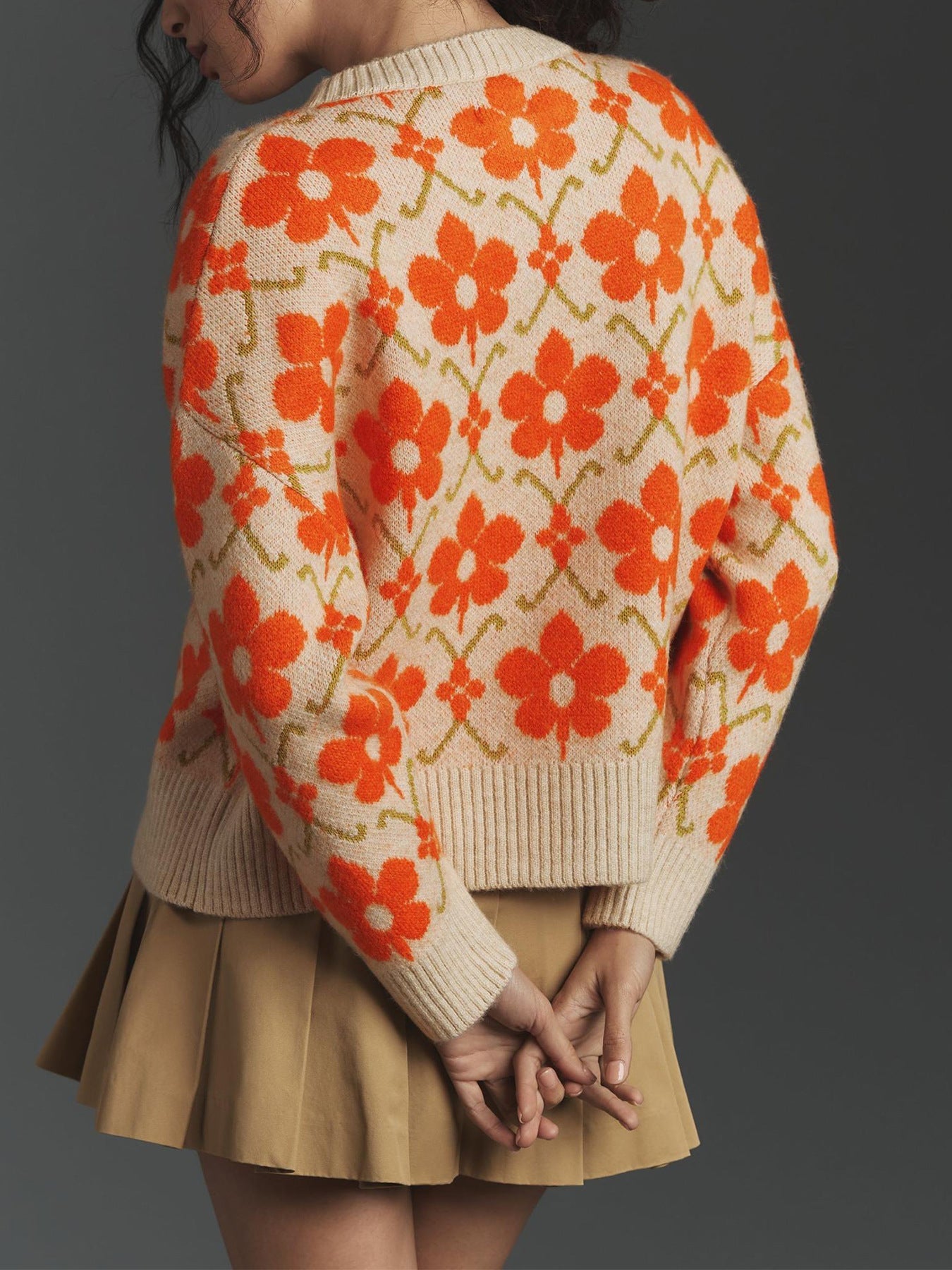 Beige Knit Cardigan with Orange Floral Pattern · Retro and Playful Loose Sweater