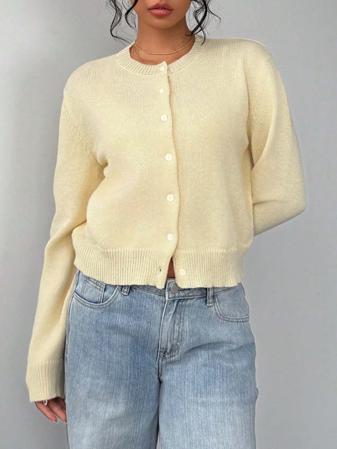 Light Yellow Knit Cardigan · Minimalist and Versatile Cropped Sweater