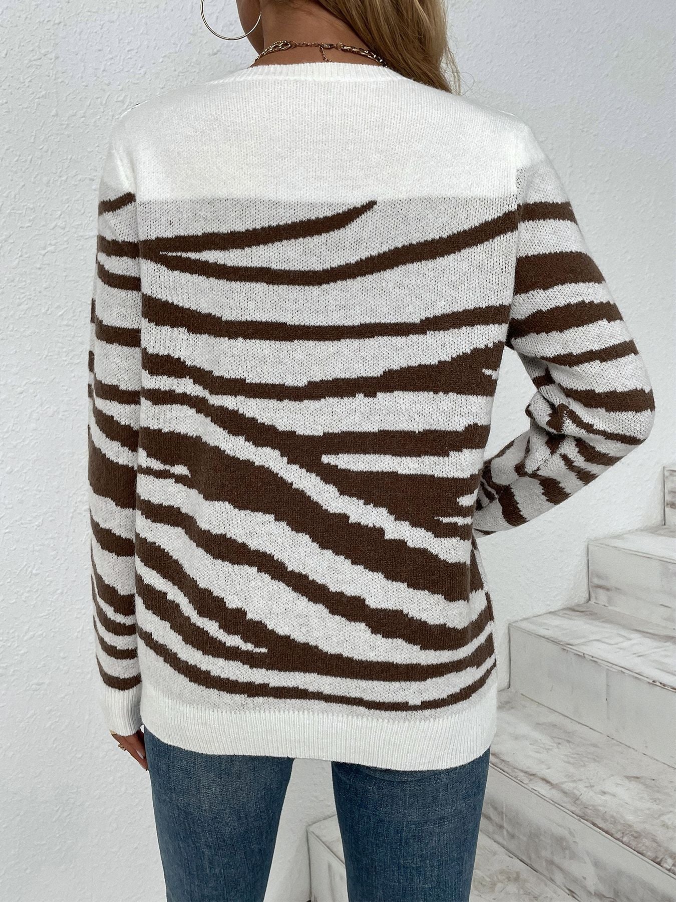 Brown and White Zebra Print Knit Sweater · Stylish Casual Long Sleeve Pullover