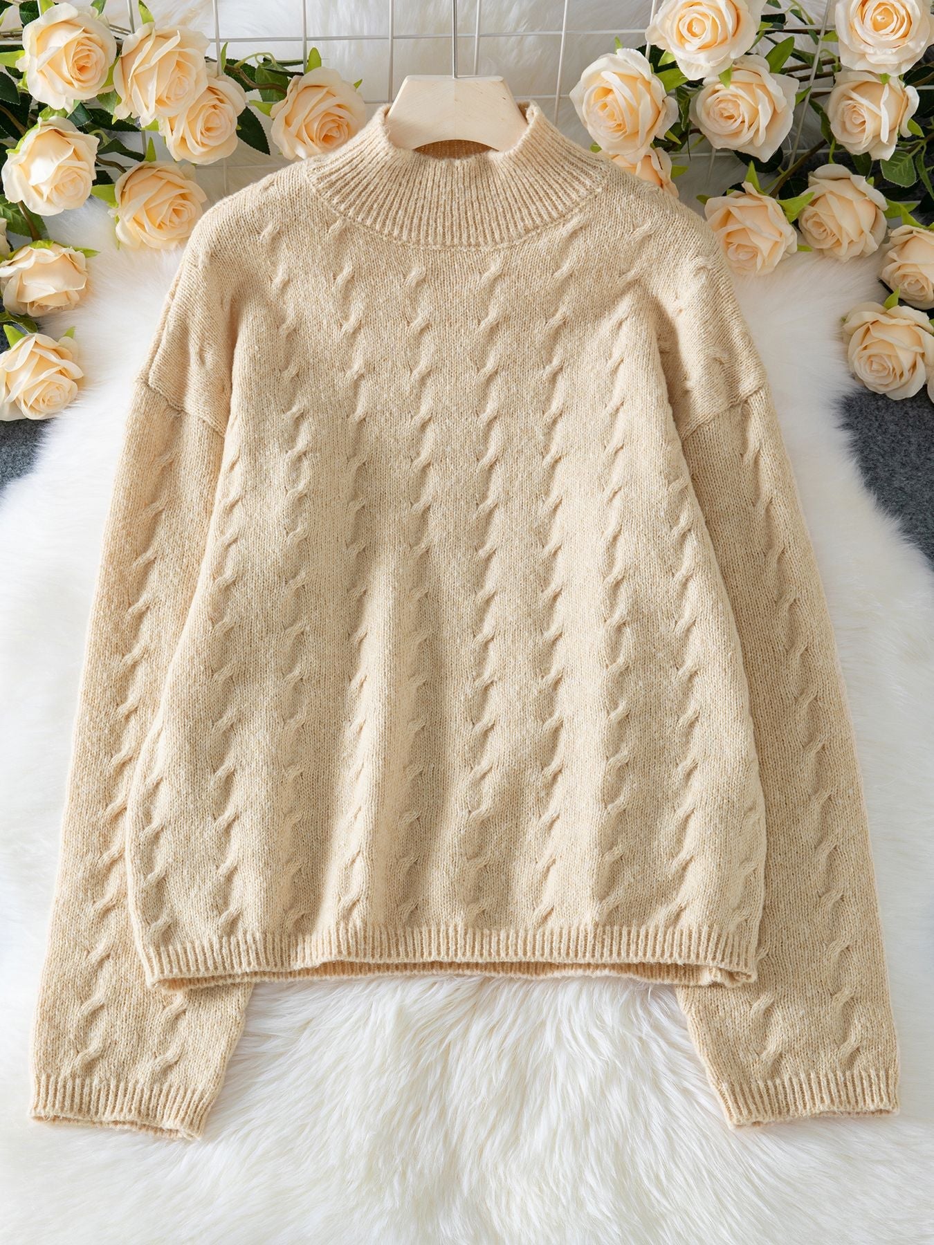 Beige Cable Knit Sweater · Minimalist Loose-Fit High Neck Pullover