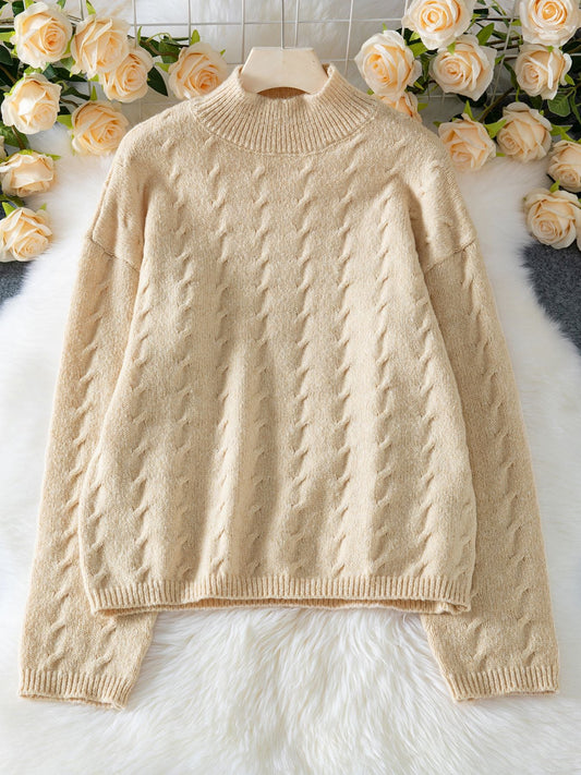 Beige Cable Knit Sweater · Minimalist Loose-Fit High Neck Pullover