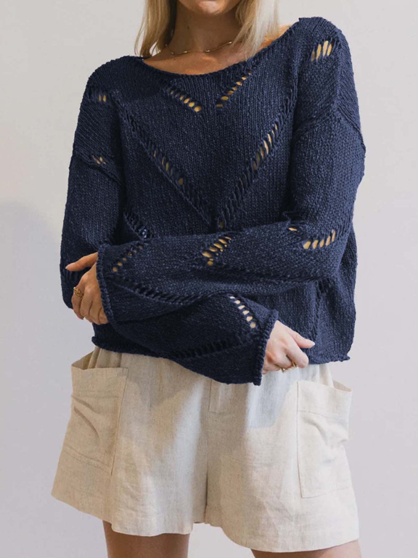 Minimalist Hollow-Out Knit Sweater · Relaxed Fit Breathable Long Sleeve Top