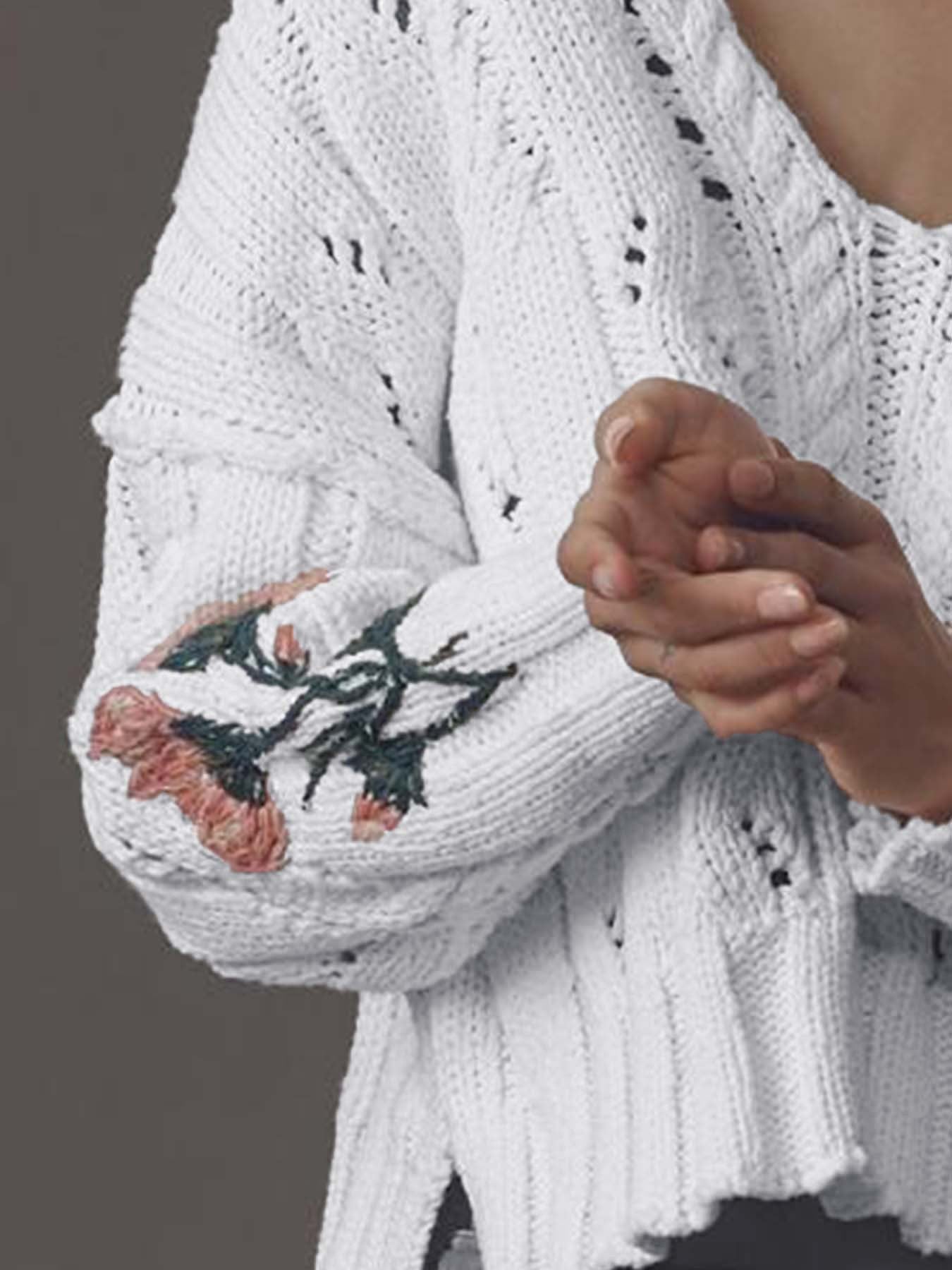 White Hollow-Out Knit Sweater with Floral Embroidery · Romantic Vintage Cropped Long Sleeve Top