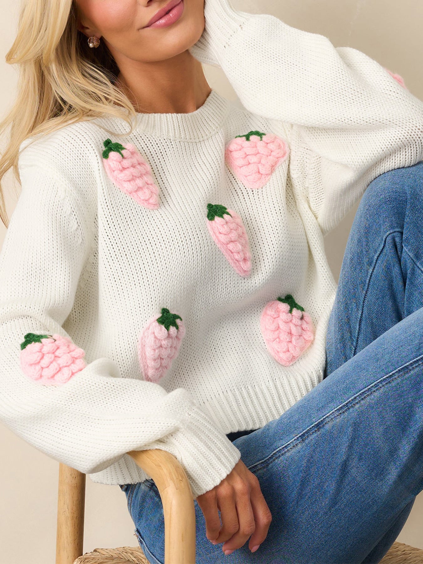 3D Strawberry Knit Sweater · Fresh and Sweet Loose-Fit Pullover