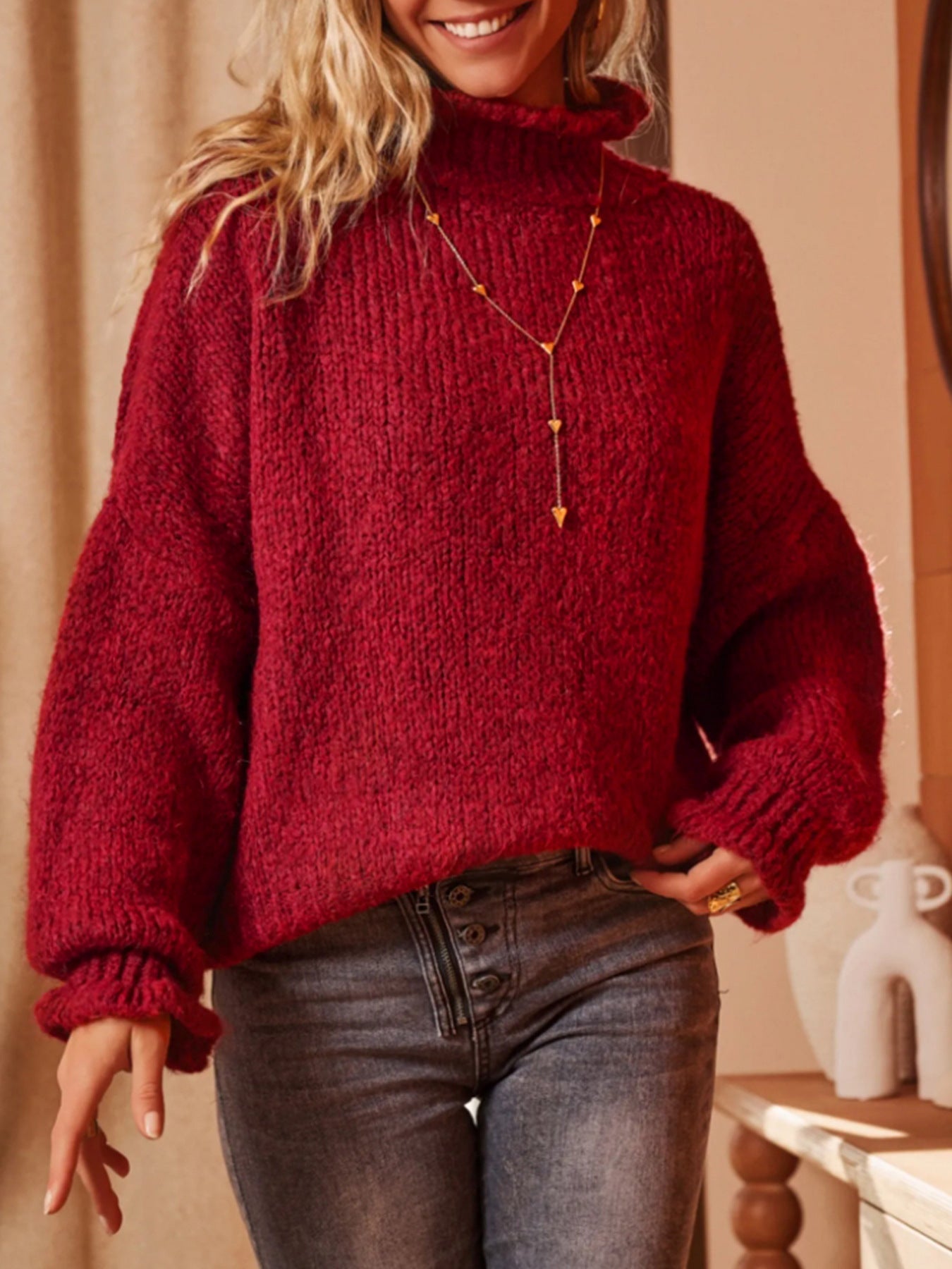 Wine Red Ruffle Back Button Knit Sweater · Elegant Vintage Long Sleeve Pullover