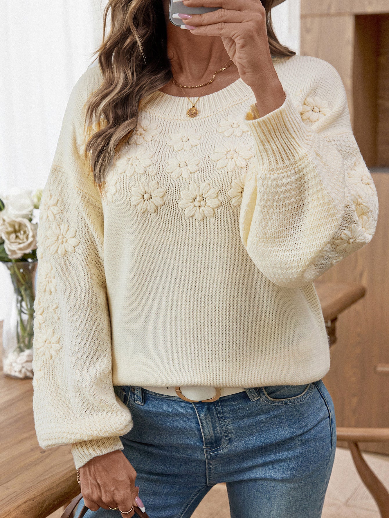 Women’s Floral Embroidered Knit Sweater Crew Neck Loose Long Sleeve Pullover Top (S-XL)