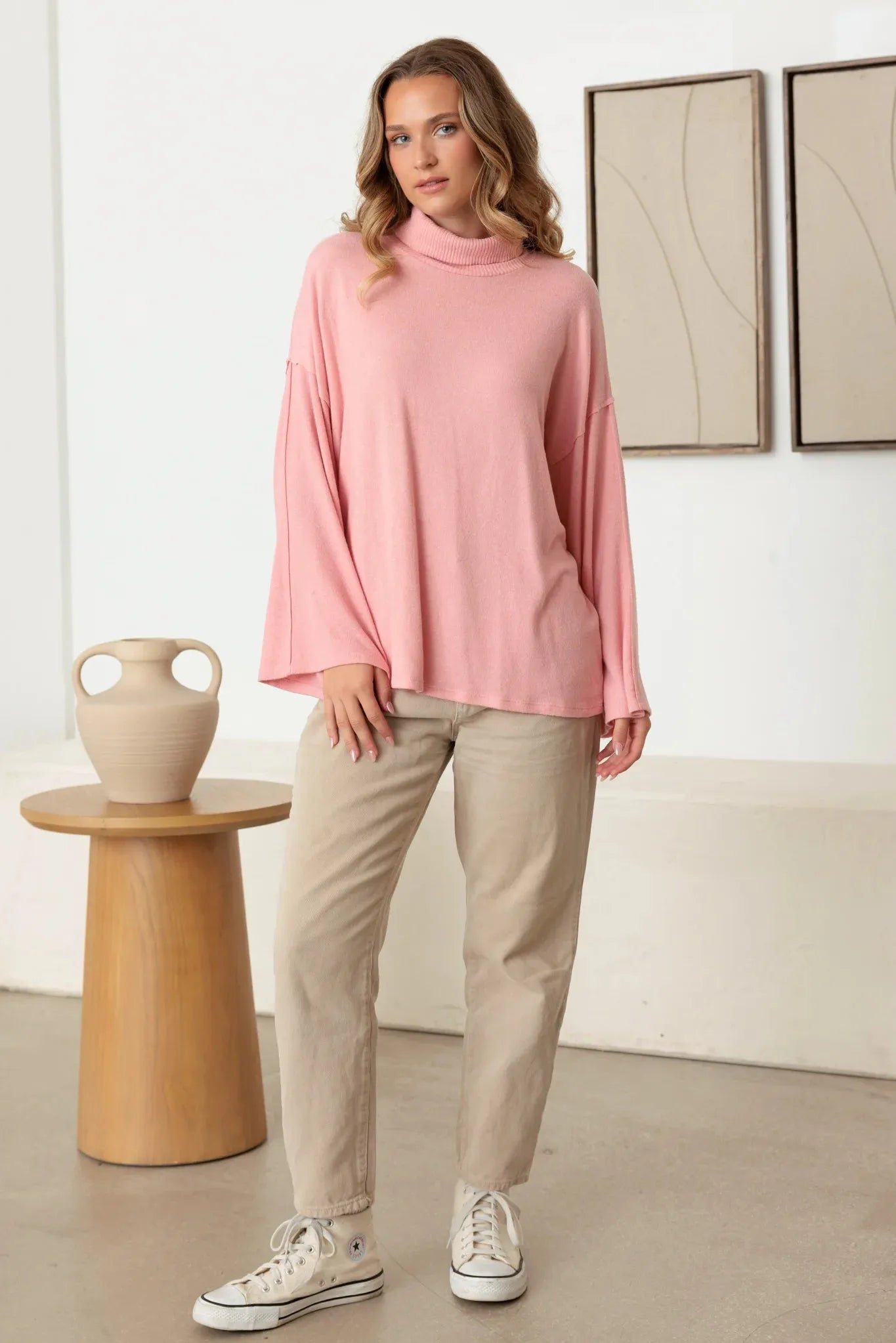 Turtle Neck Wide Long Sleeve Soft Knit Top