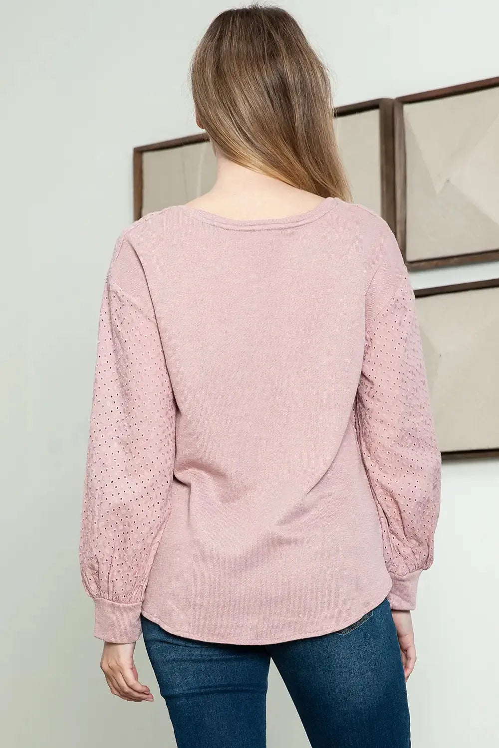 Round Neck Embroidered Balloon Sleeve Top