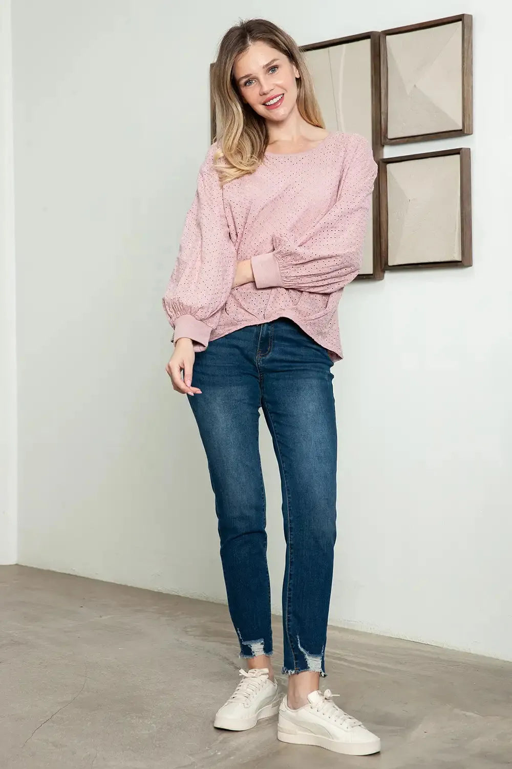 Round Neck Embroidered Balloon Sleeve Top