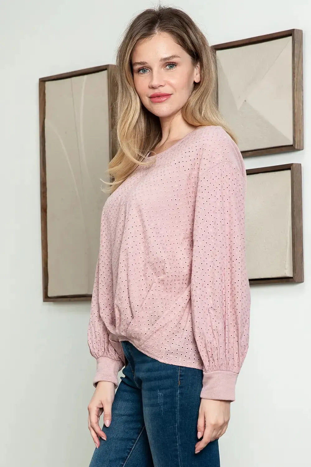 Round Neck Embroidered Balloon Sleeve Top