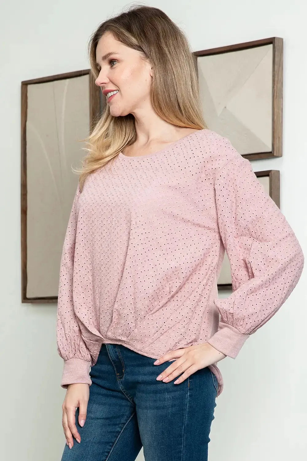 Round Neck Embroidered Balloon Sleeve Top