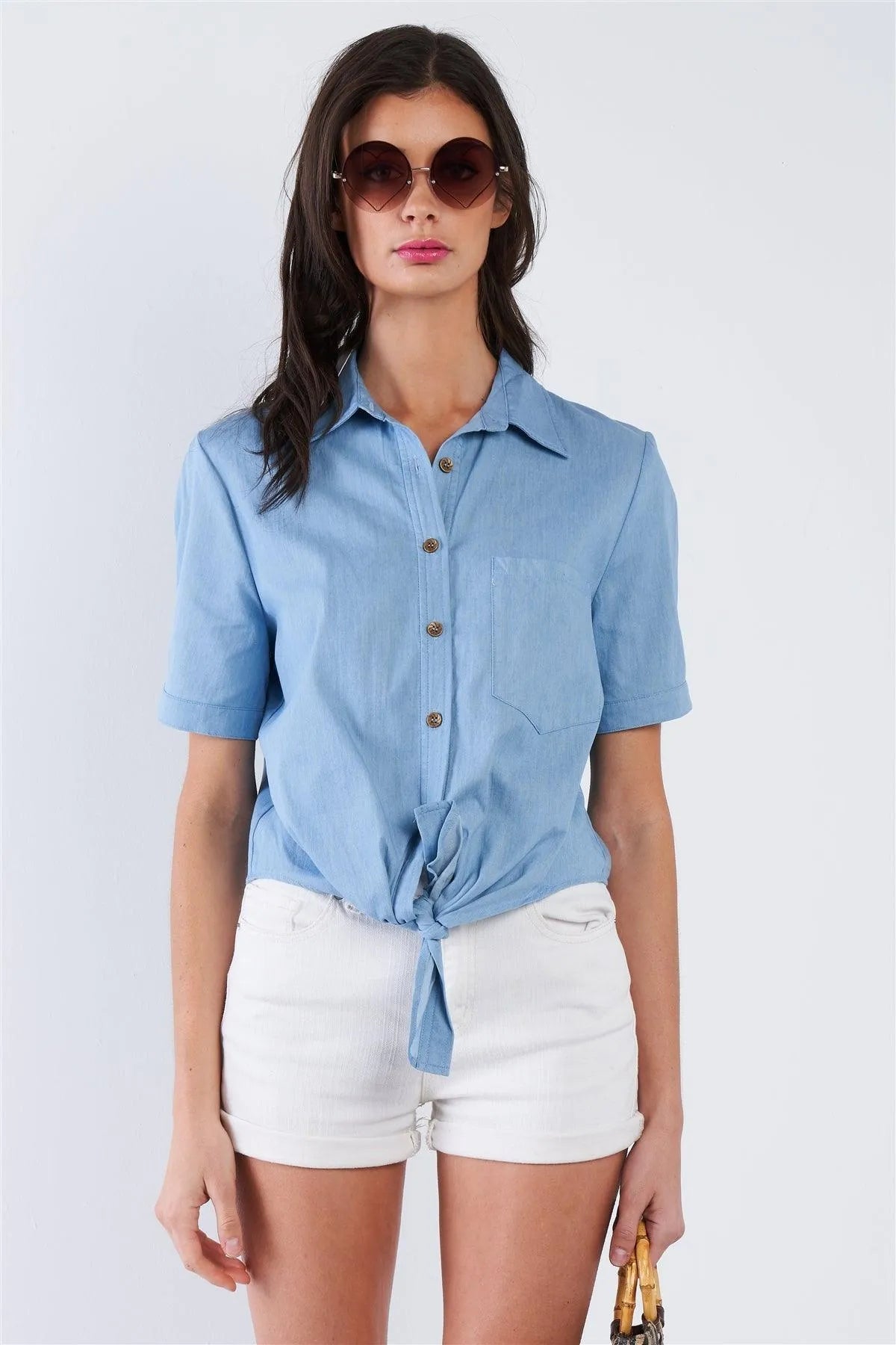 Blue Cotton Front Knot Short Sleeve Button Down Top