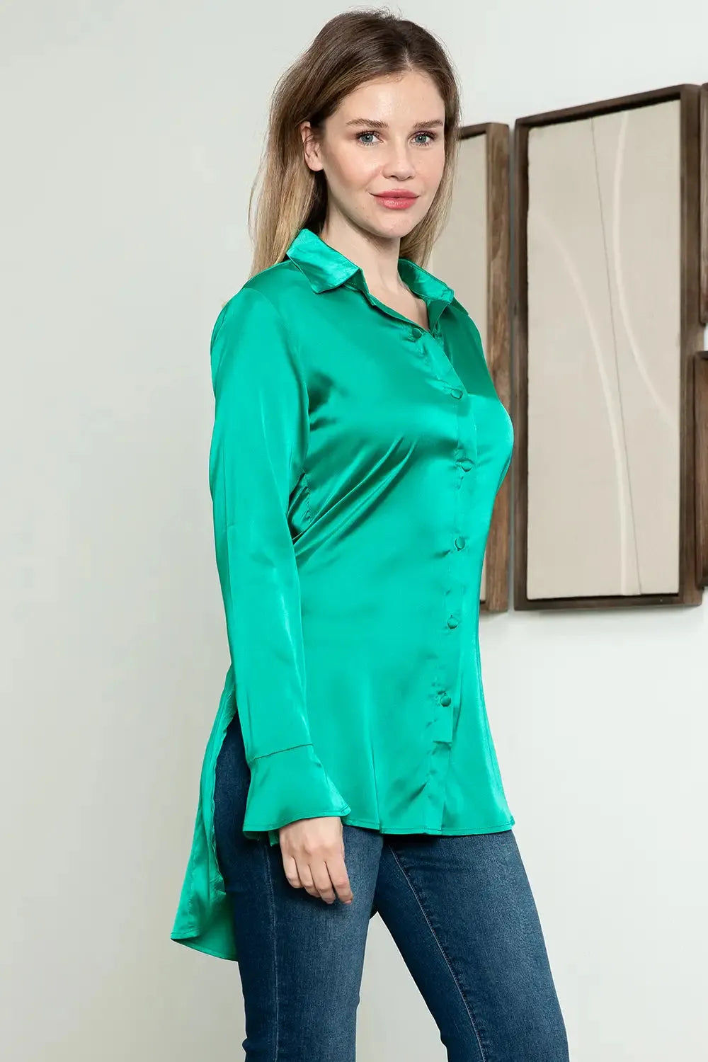 Satin Back Criss-Cross Slit Long Sleeve Shirt