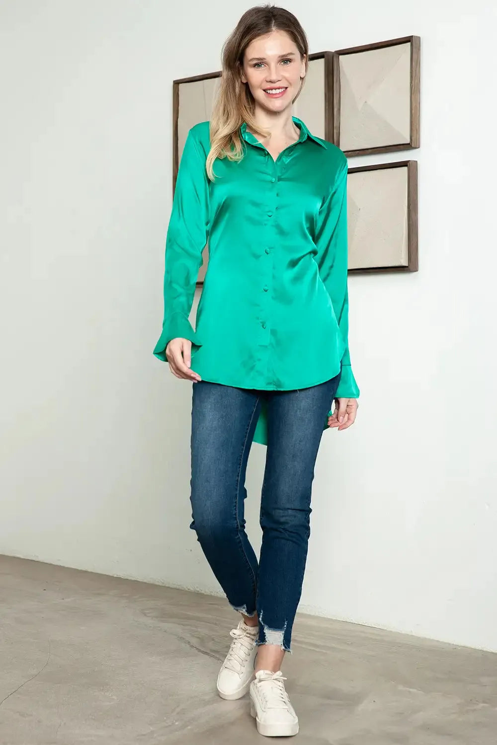 Satin Back Criss-Cross Slit Long Sleeve Shirt