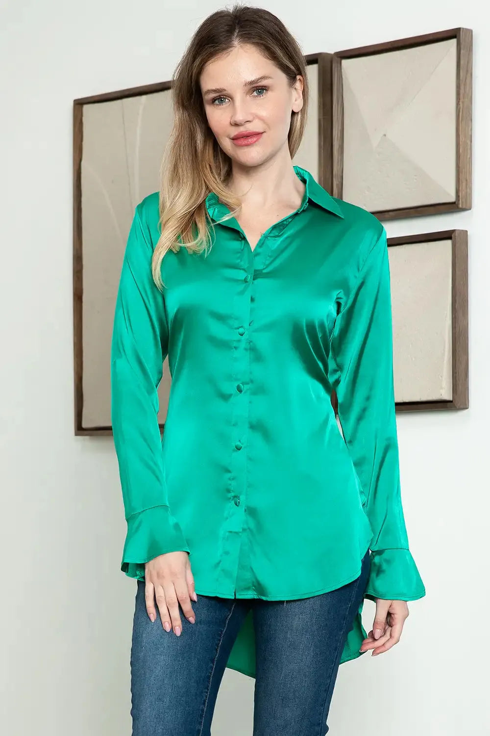 Satin Back Criss-Cross Slit Long Sleeve Shirt