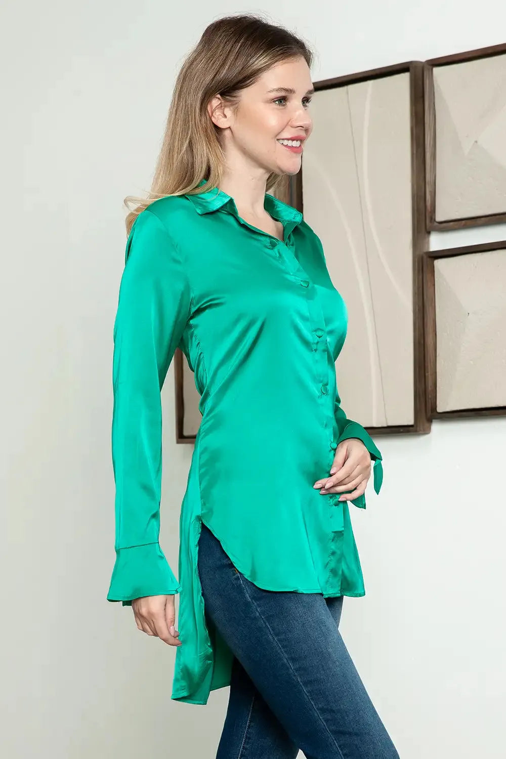 Satin Back Criss-Cross Slit Long Sleeve Shirt
