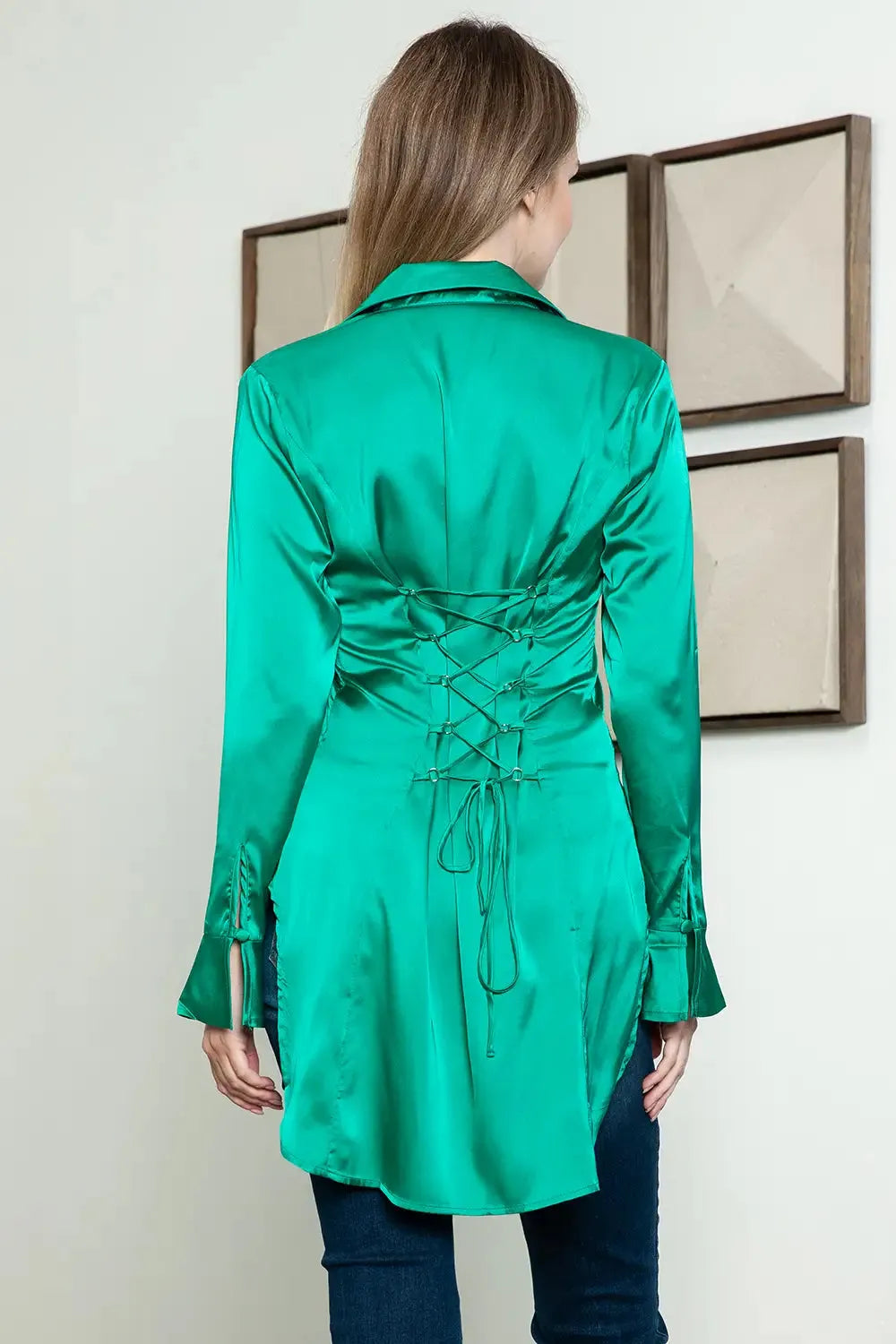 Satin Back Criss-Cross Slit Long Sleeve Shirt