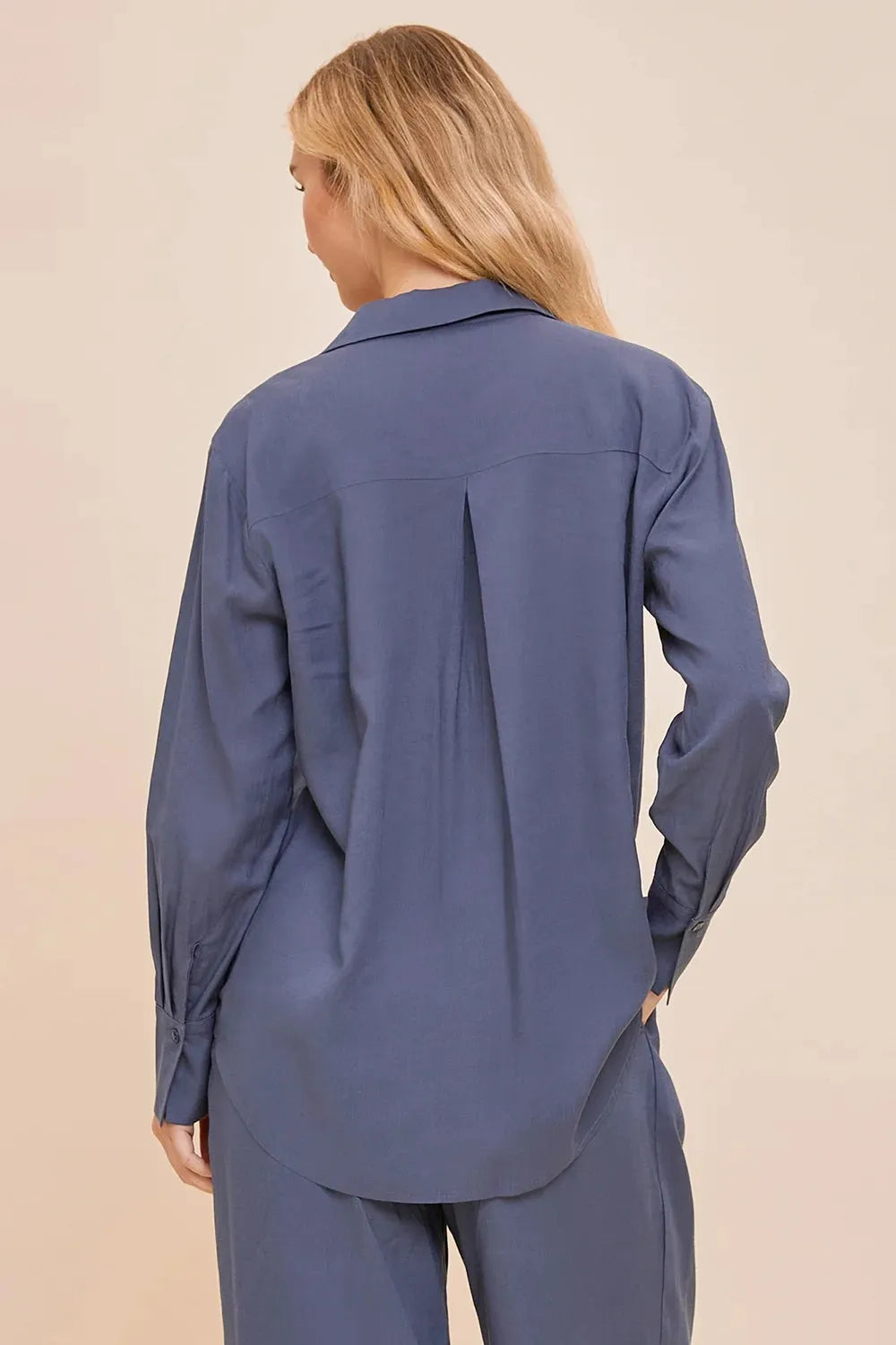 Blue Oversized Button-Up Long Sleeve Shirt with Pocket