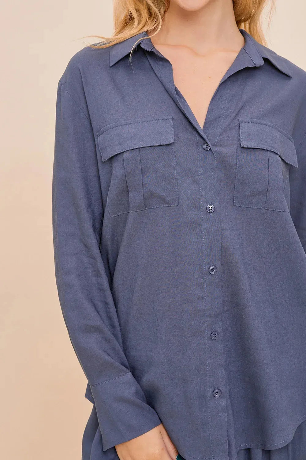 Blue Oversized Button-Up Long Sleeve Shirt with Pocket