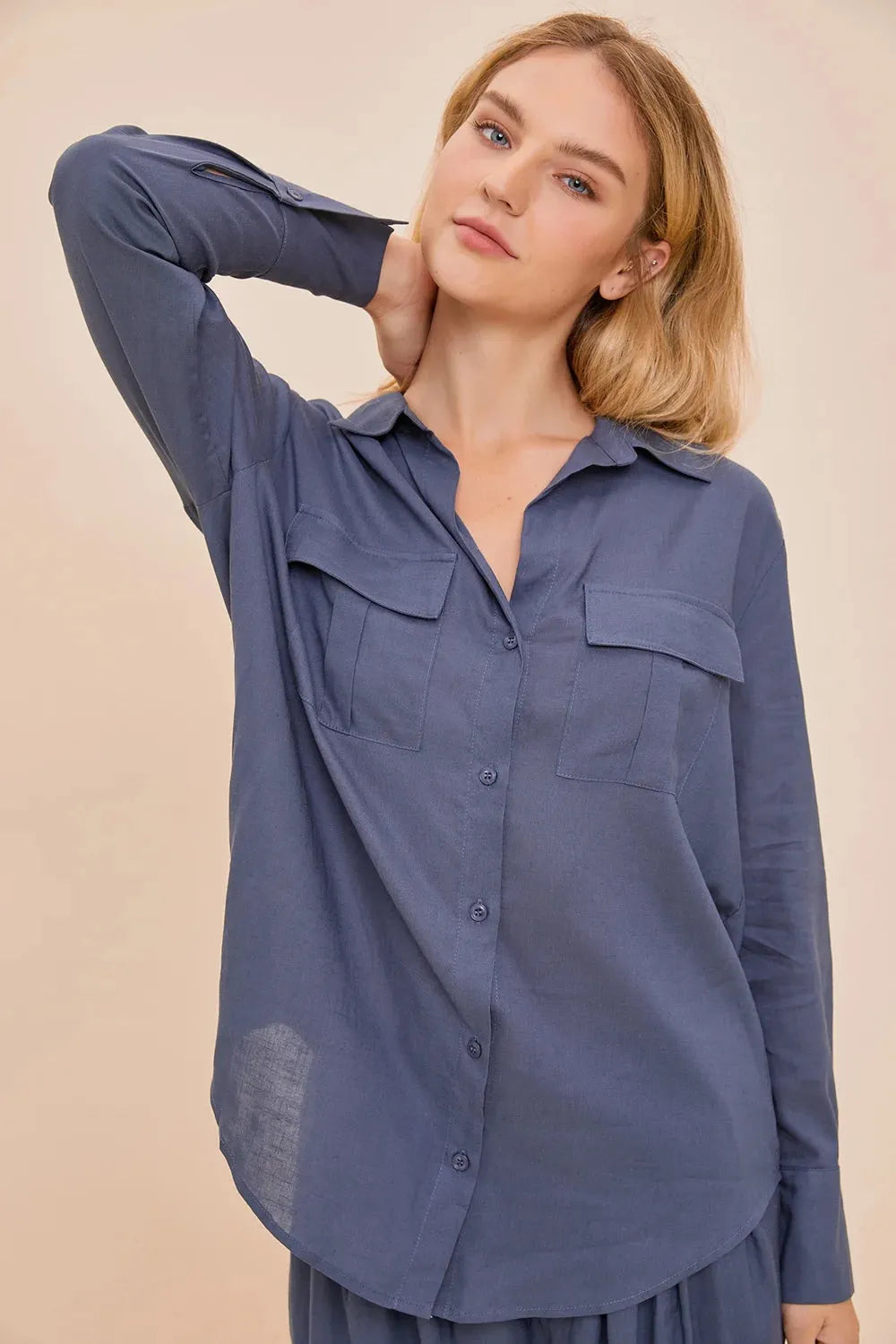 Blue Oversized Button-Up Long Sleeve Shirt with Pocket
