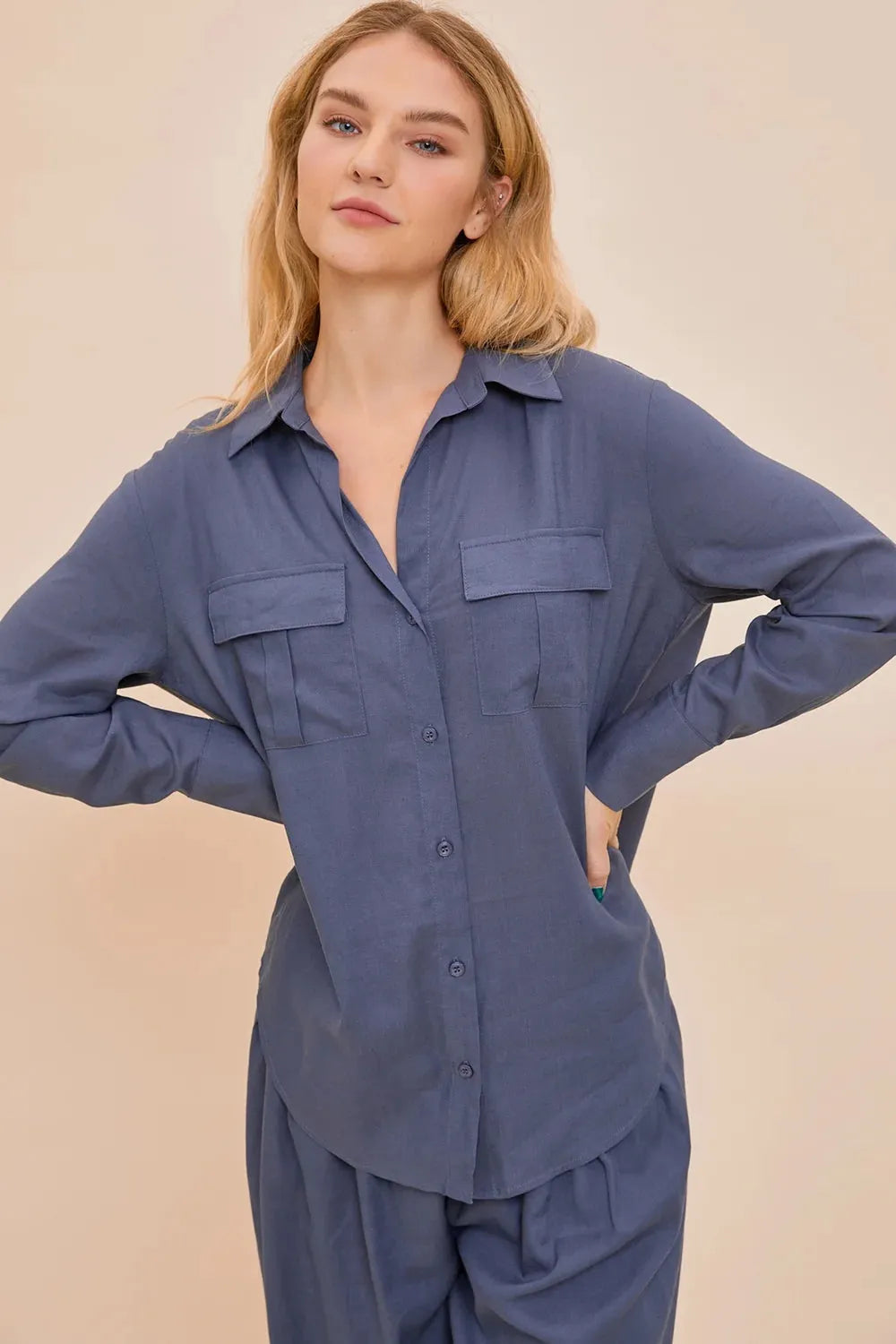 Blue Oversized Button-Up Long Sleeve Shirt with Pocket