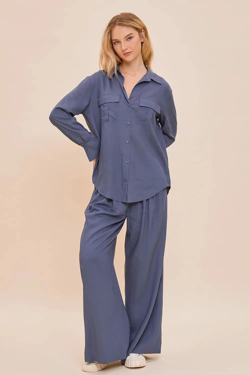 Blue Oversized Button-Up Long Sleeve Shirt with Pocket