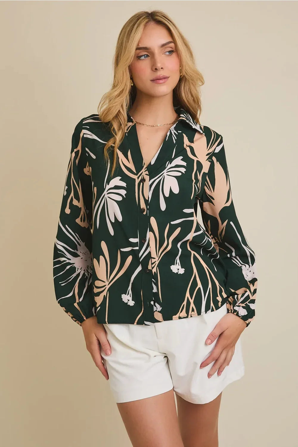 Plus Size Green Tropical Botanical Print Button Down Blouse