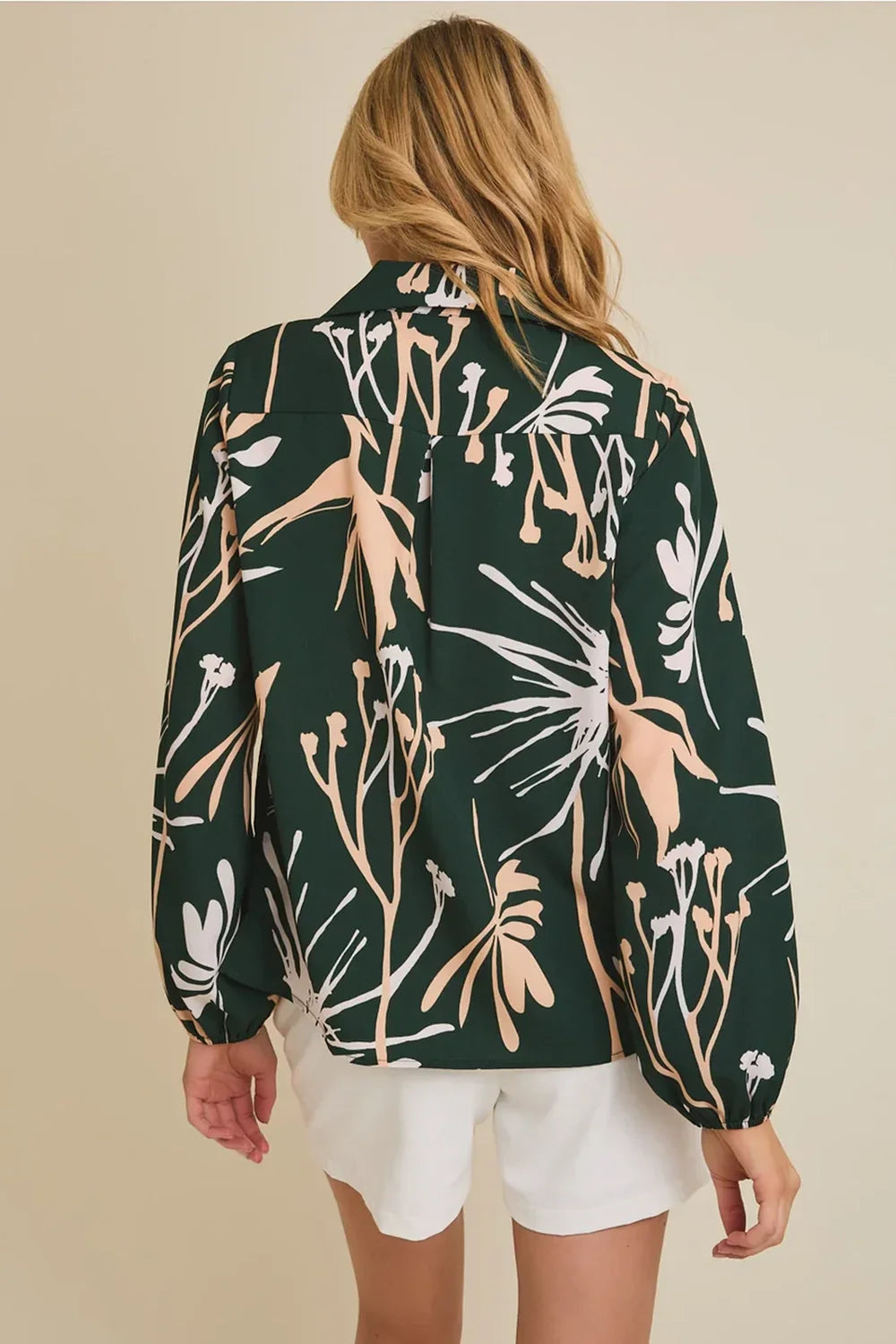 Plus Size Green Tropical Botanical Print Button Down Blouse