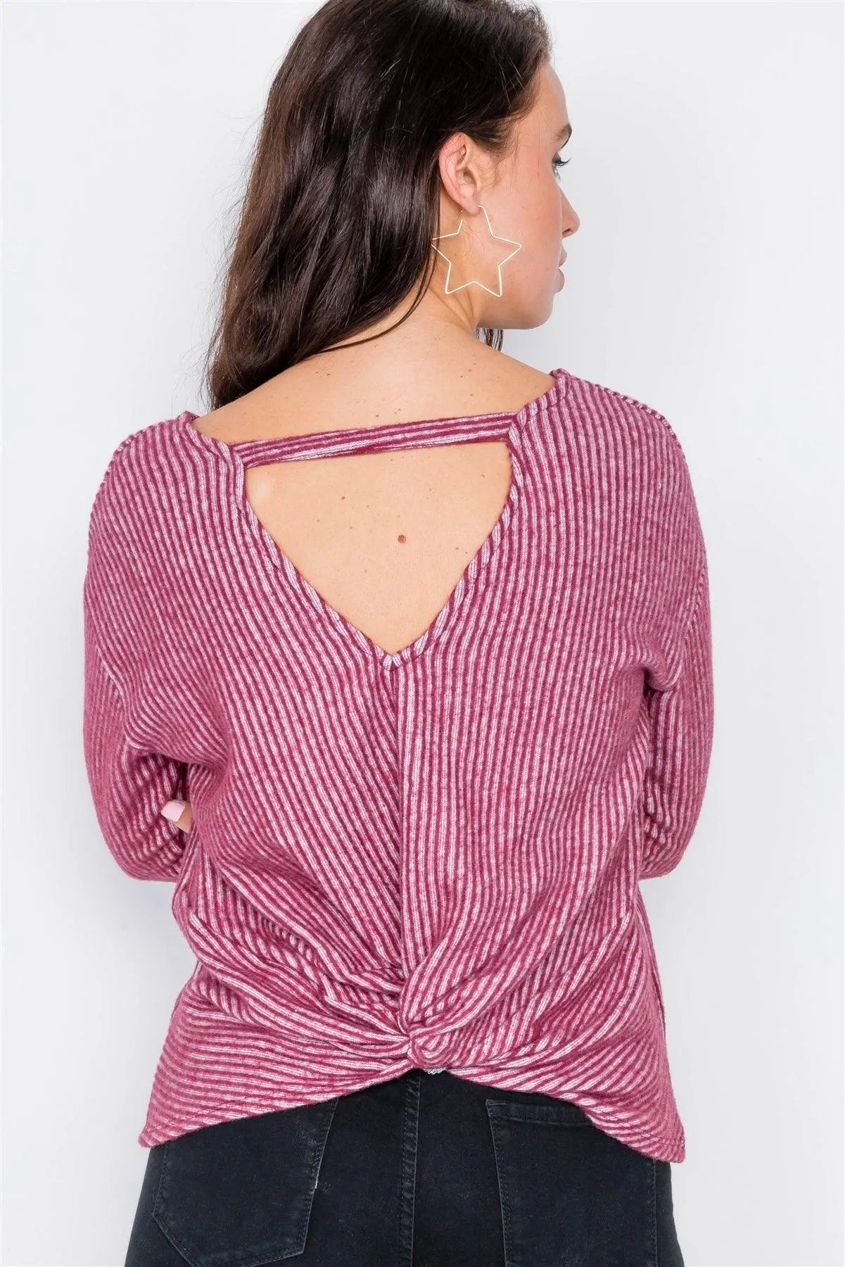 Burgundy Long Sleeve Back Tie Cut-Out V-Neck Sweater