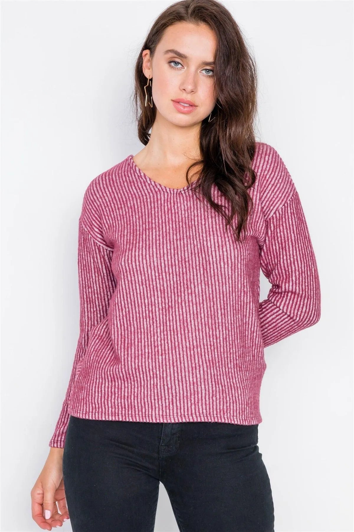 Burgundy Long Sleeve Back Tie Cut-Out V-Neck Sweater