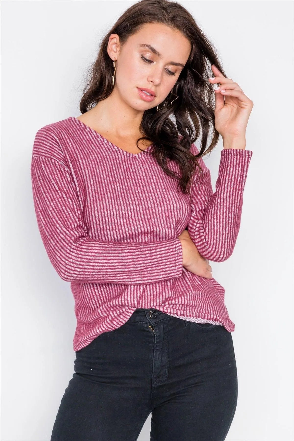 Burgundy Long Sleeve Back Tie Cut-Out V-Neck Sweater