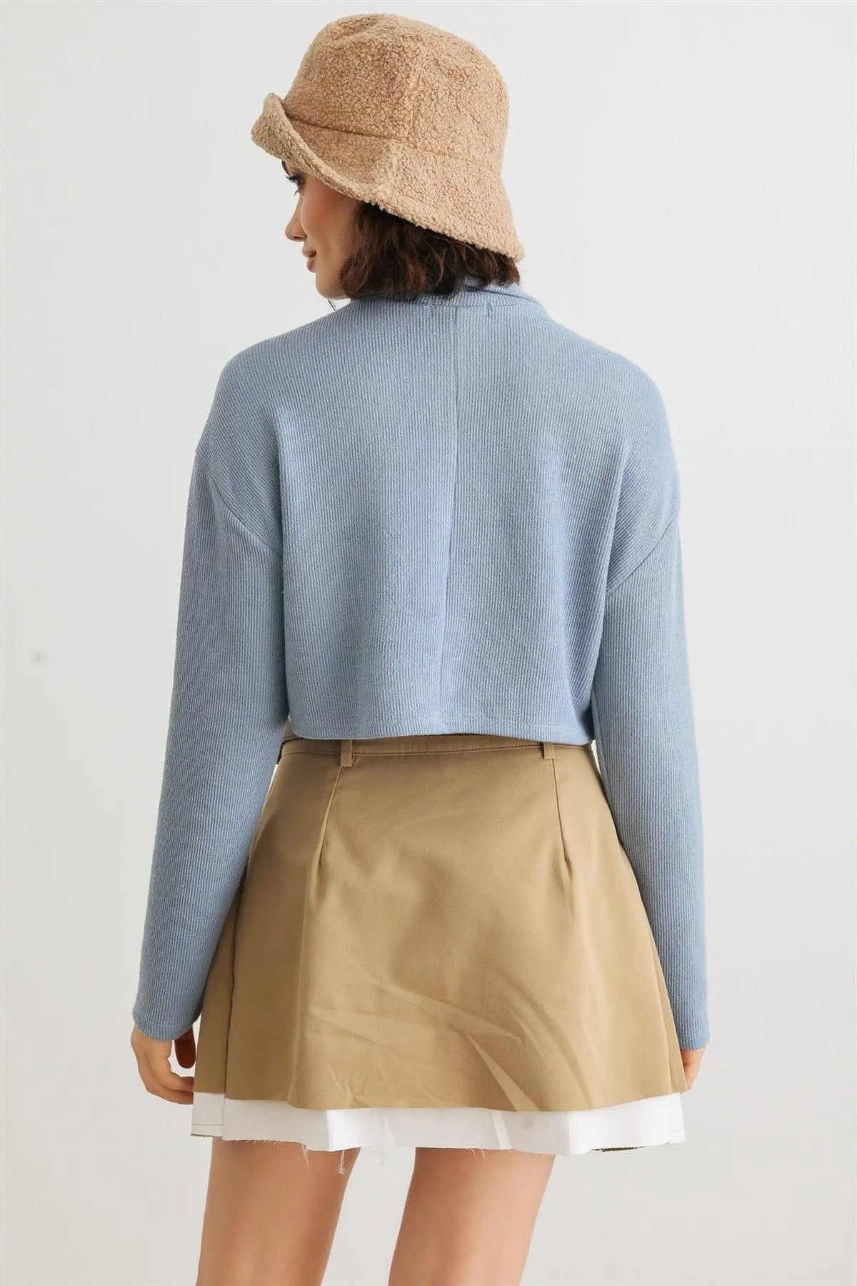 Blue Moon Crew Neck Long Sleeve Crop Jacket with Pockets