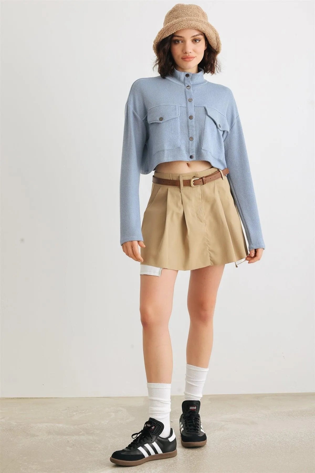 Blue Moon Crew Neck Long Sleeve Crop Jacket with Pockets