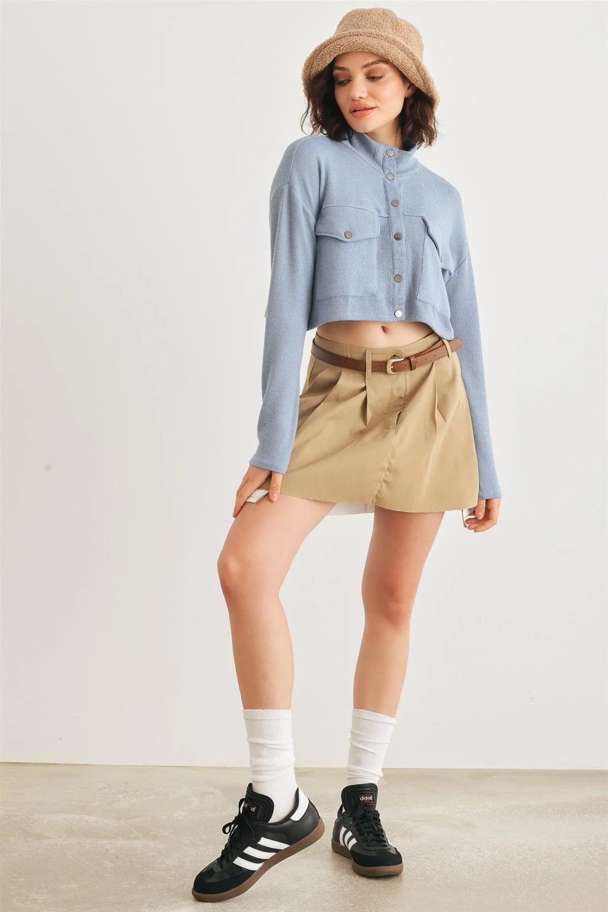 Blue Moon Crew Neck Long Sleeve Crop Jacket with Pockets