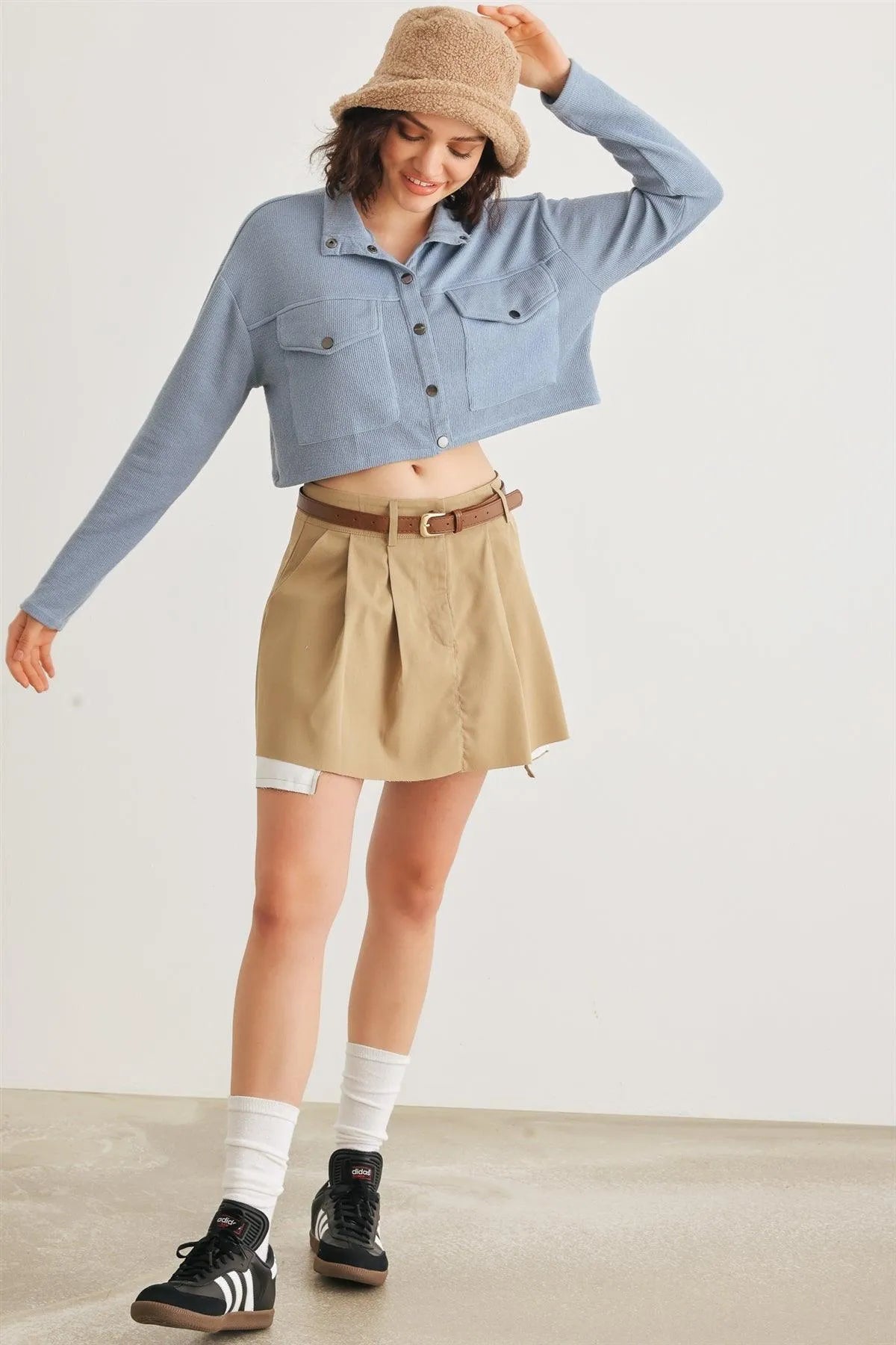 Blue Moon Crew Neck Long Sleeve Crop Jacket with Pockets