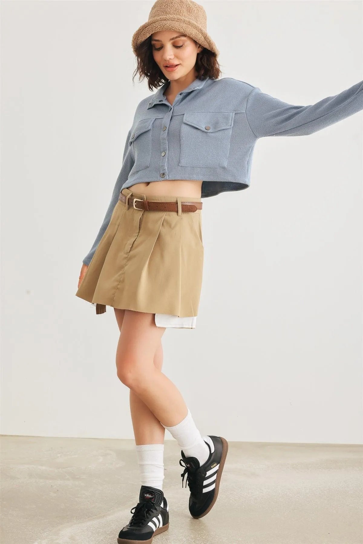 Blue Moon Crew Neck Long Sleeve Crop Jacket with Pockets