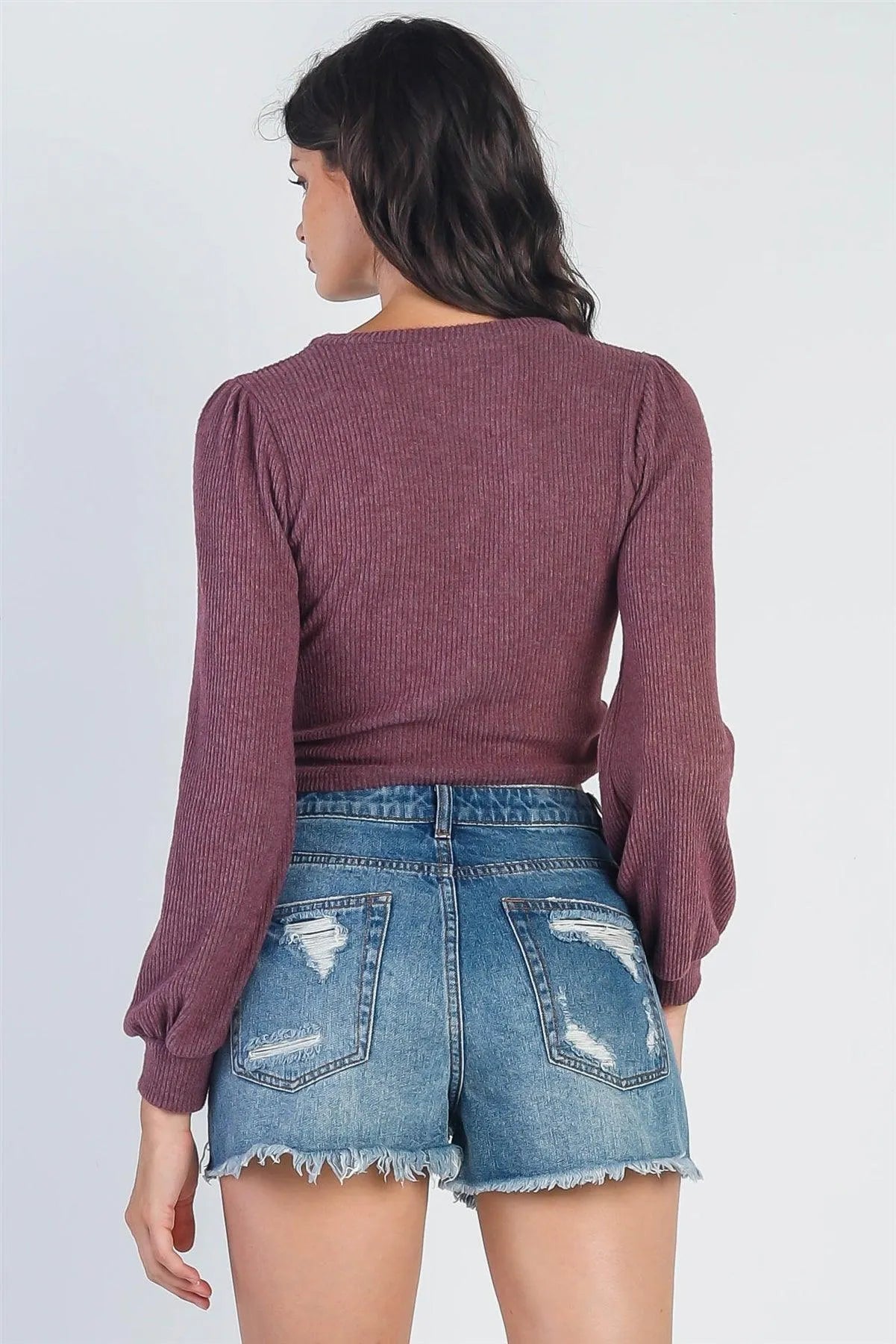 Eggplant Ribbed Flannel Self-Tie Crop Top