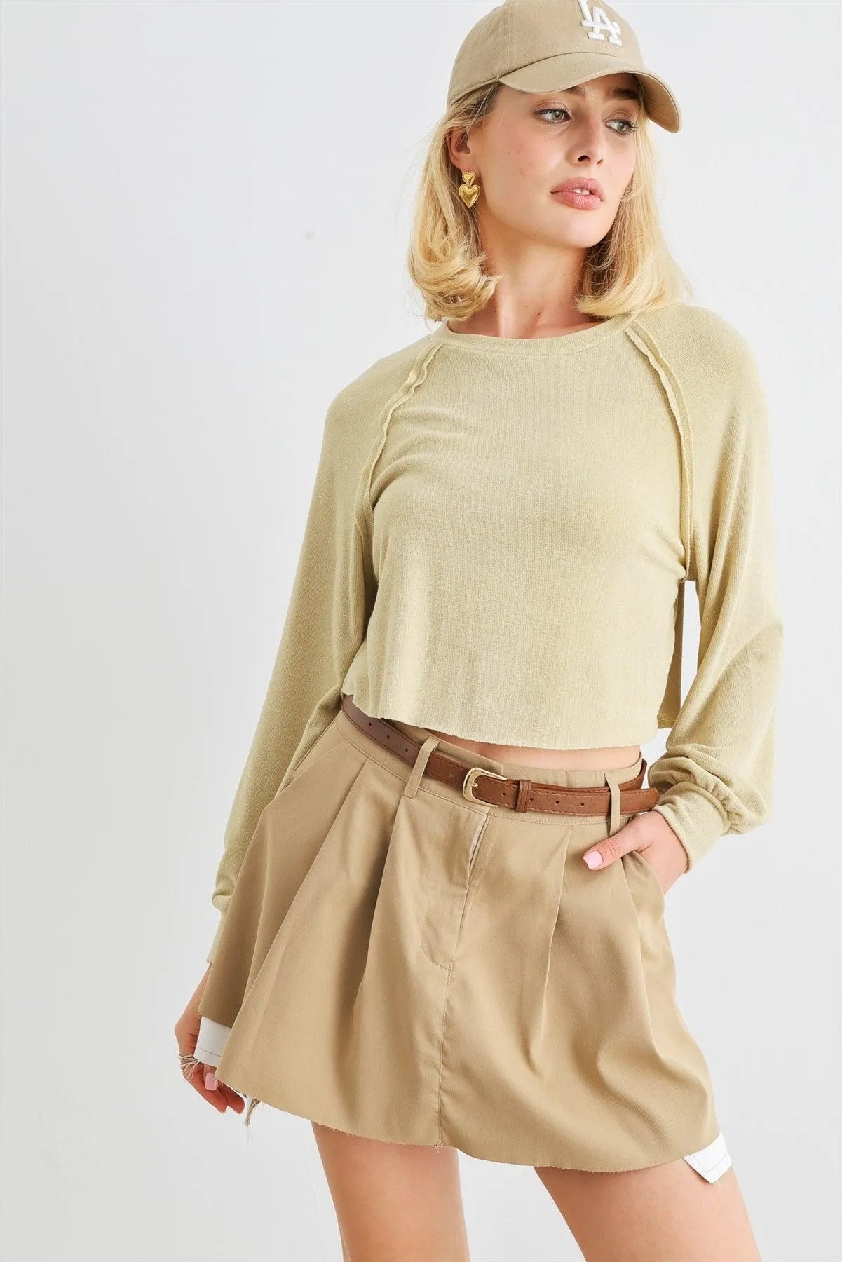 Pale Yellow Crew Neck Long Sleeve Relaxed Crop Top