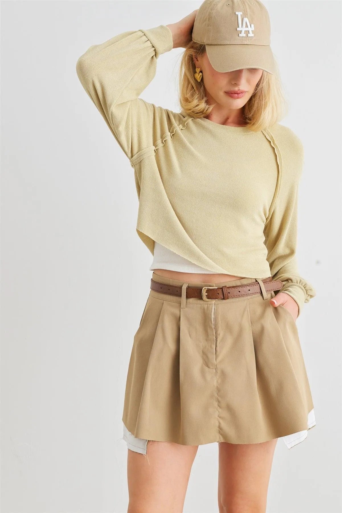 Pale Yellow Crew Neck Long Sleeve Relaxed Crop Top