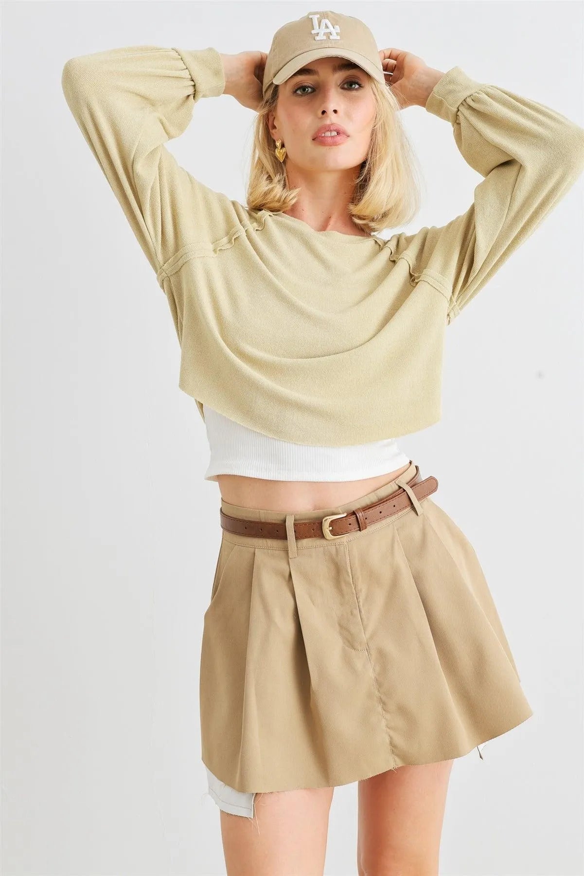 Pale Yellow Crew Neck Long Sleeve Relaxed Crop Top