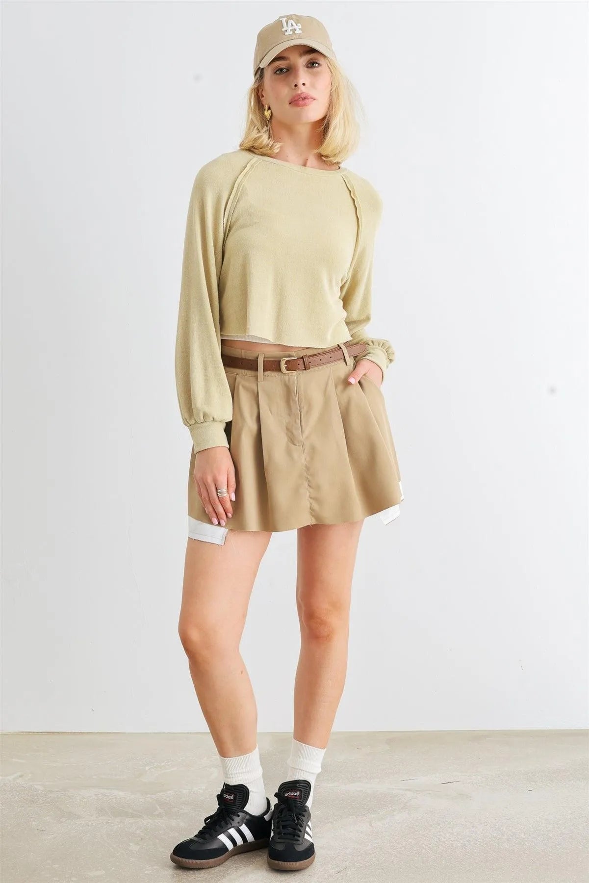 Pale Yellow Crew Neck Long Sleeve Relaxed Crop Top