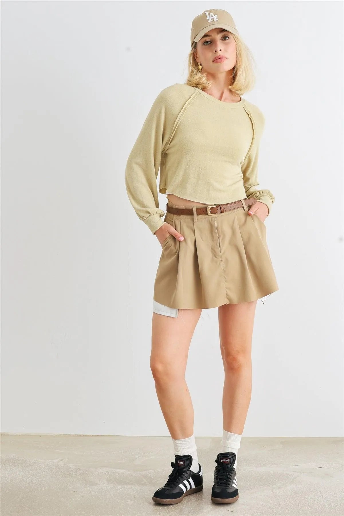 Pale Yellow Crew Neck Long Sleeve Relaxed Crop Top