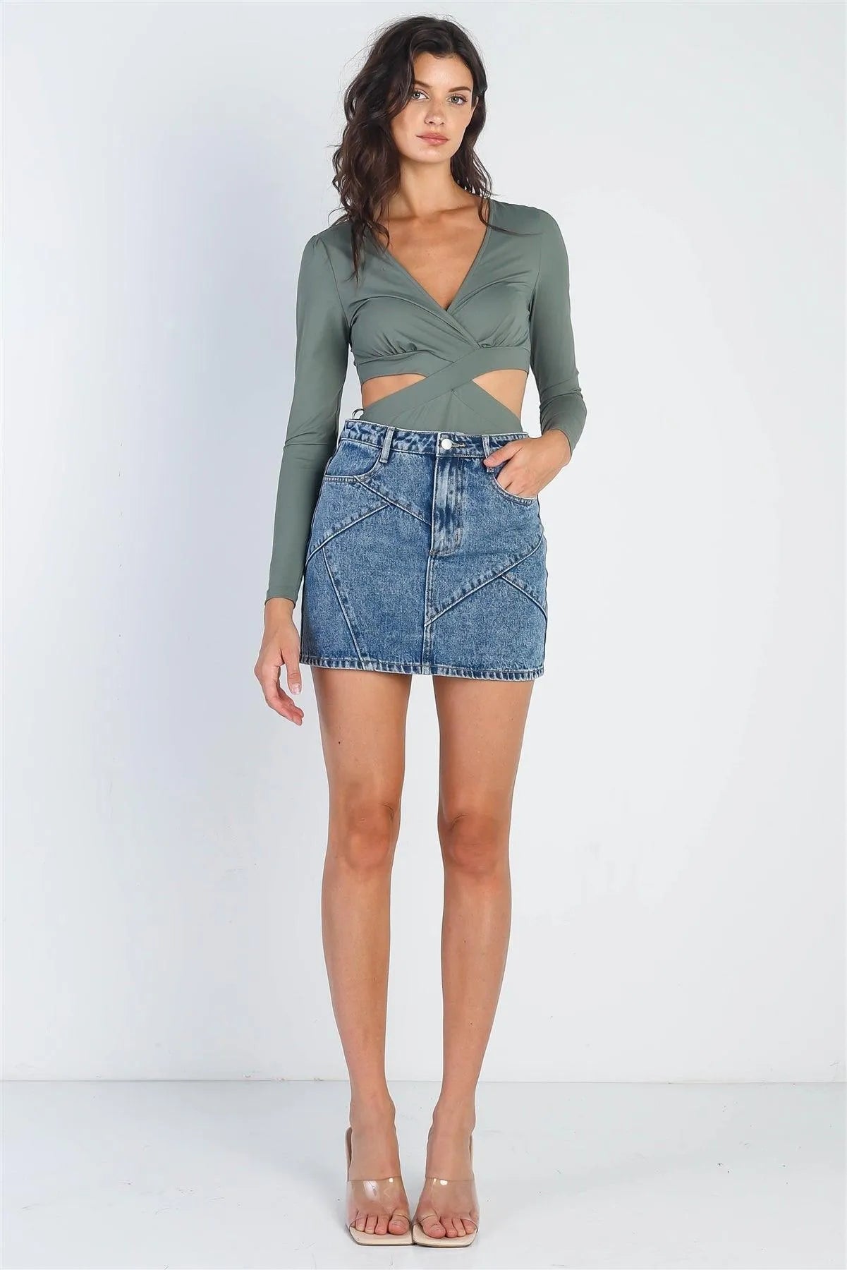Olive Criss-Cross Long Sleeve Cut-Out Bodysuit