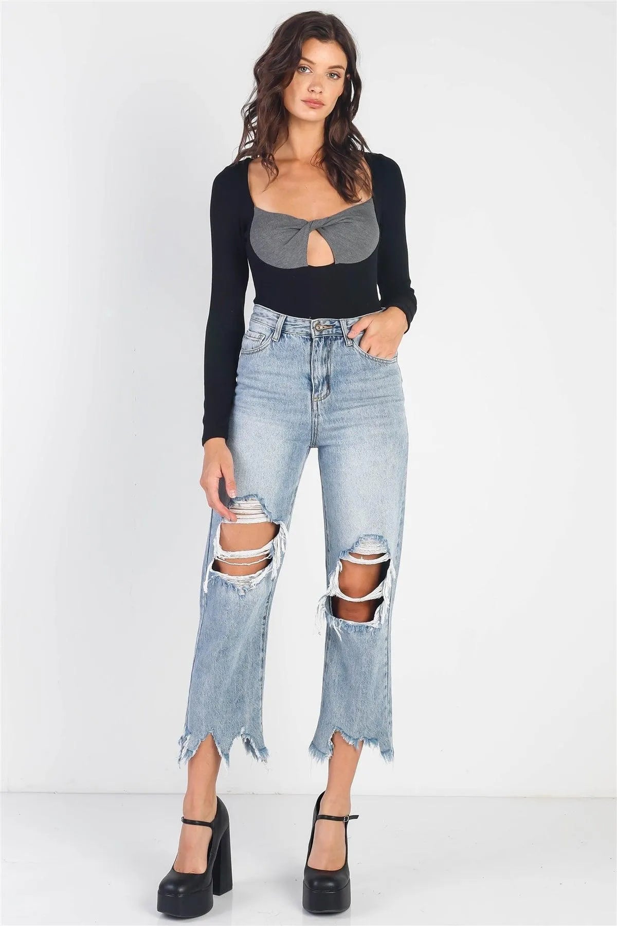 Black & Grey Ribbed Bustier Detail Bodysuit