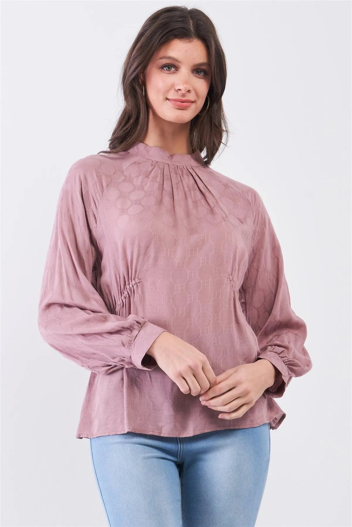 Boho Wood Rose Circle Pattern Mock Neck Long Sleeve Blouse