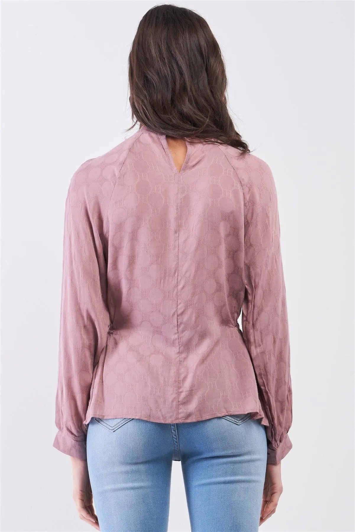 Boho Wood Rose Circle Pattern Mock Neck Long Sleeve Blouse